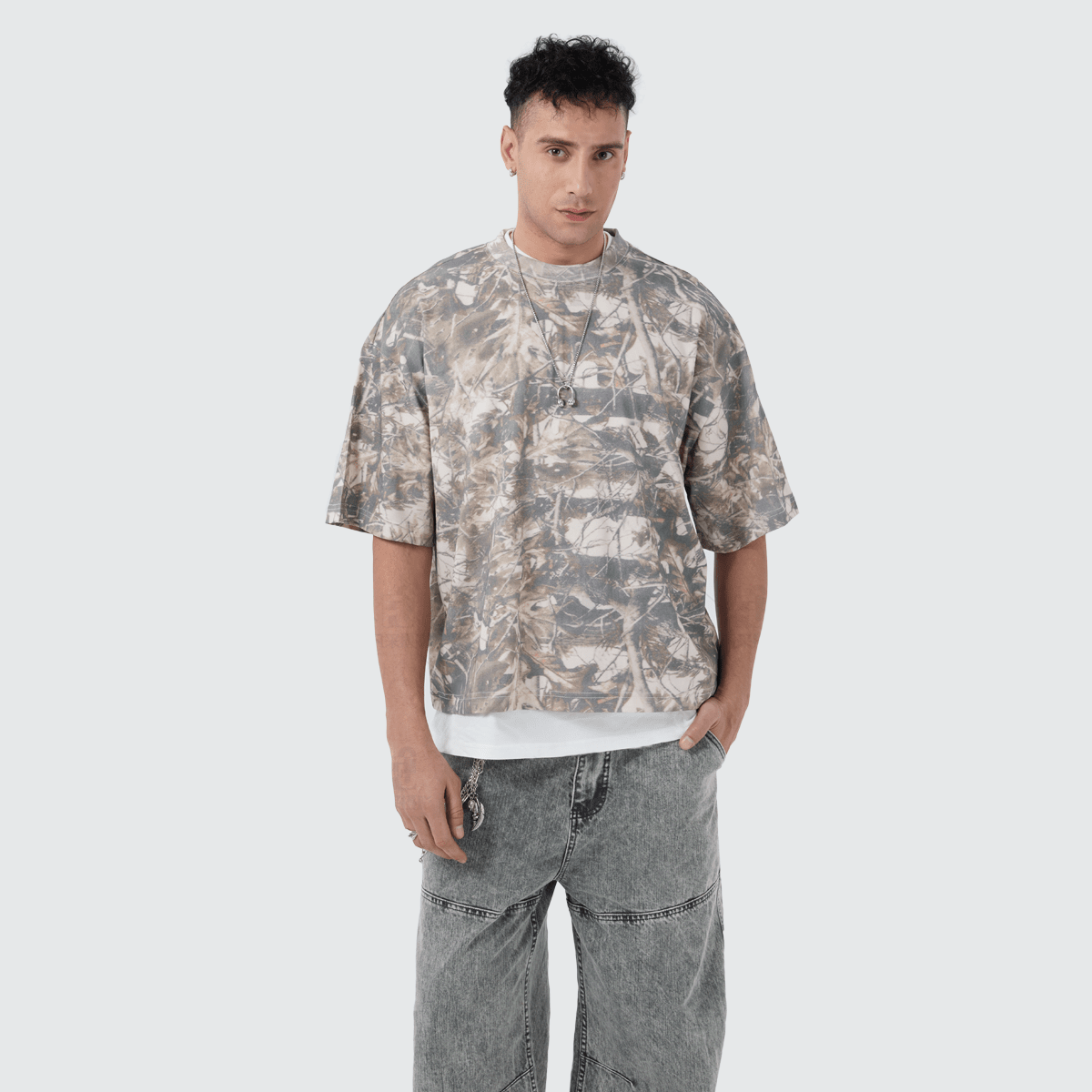 Unisex Heavyweight Cropped Camouflage Tree Print T-Shirt (270GSM)